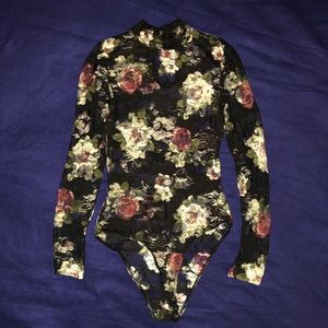 XS rose print Charlotte Russe sheer, lace leotard